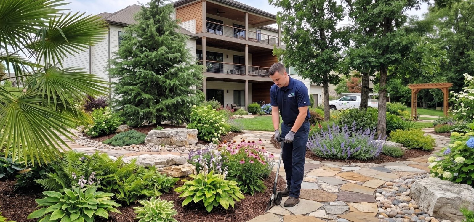 Equipo de servicios exteriores Ozarks Outdoor Pro trabajando en una propiedad residencial en Springfield, Misuri y la región Ozarks