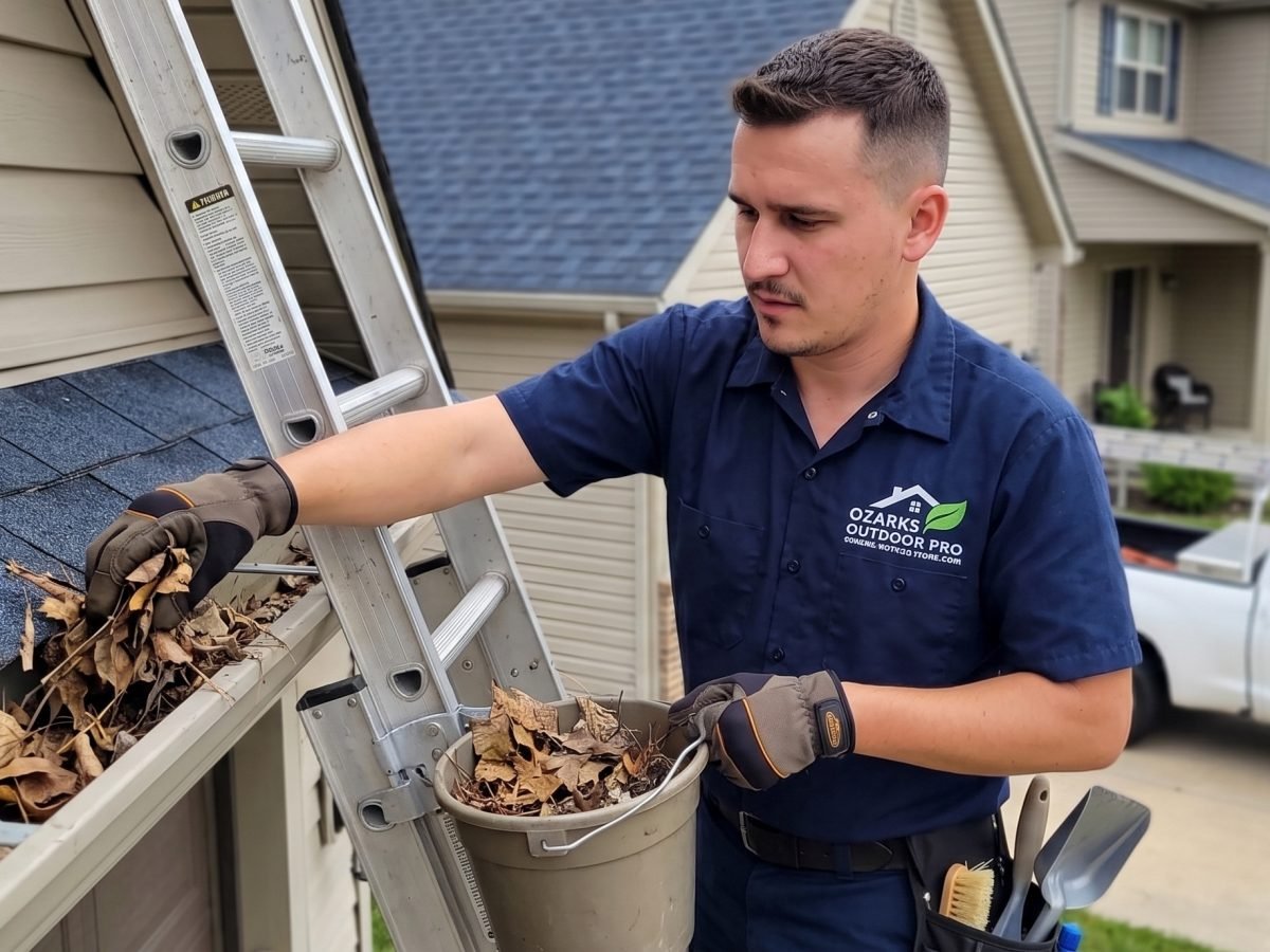 Miembro del equipo retirando escombros de hojas de un sistema de canaletas residencial en Springfield, MO