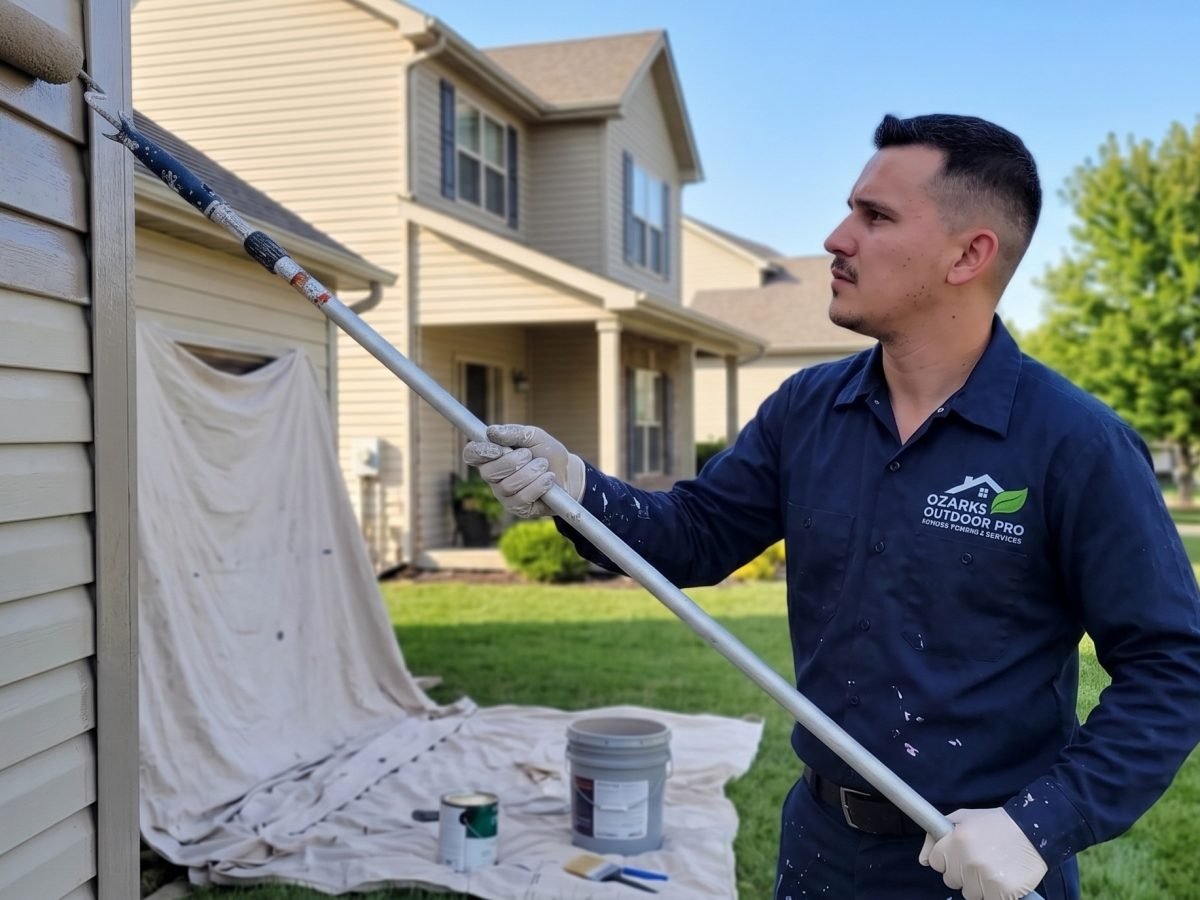 Pintura exterior en una casa unifamiliar de Springfield, MO con preparación de superficie completa y elevación imprimada