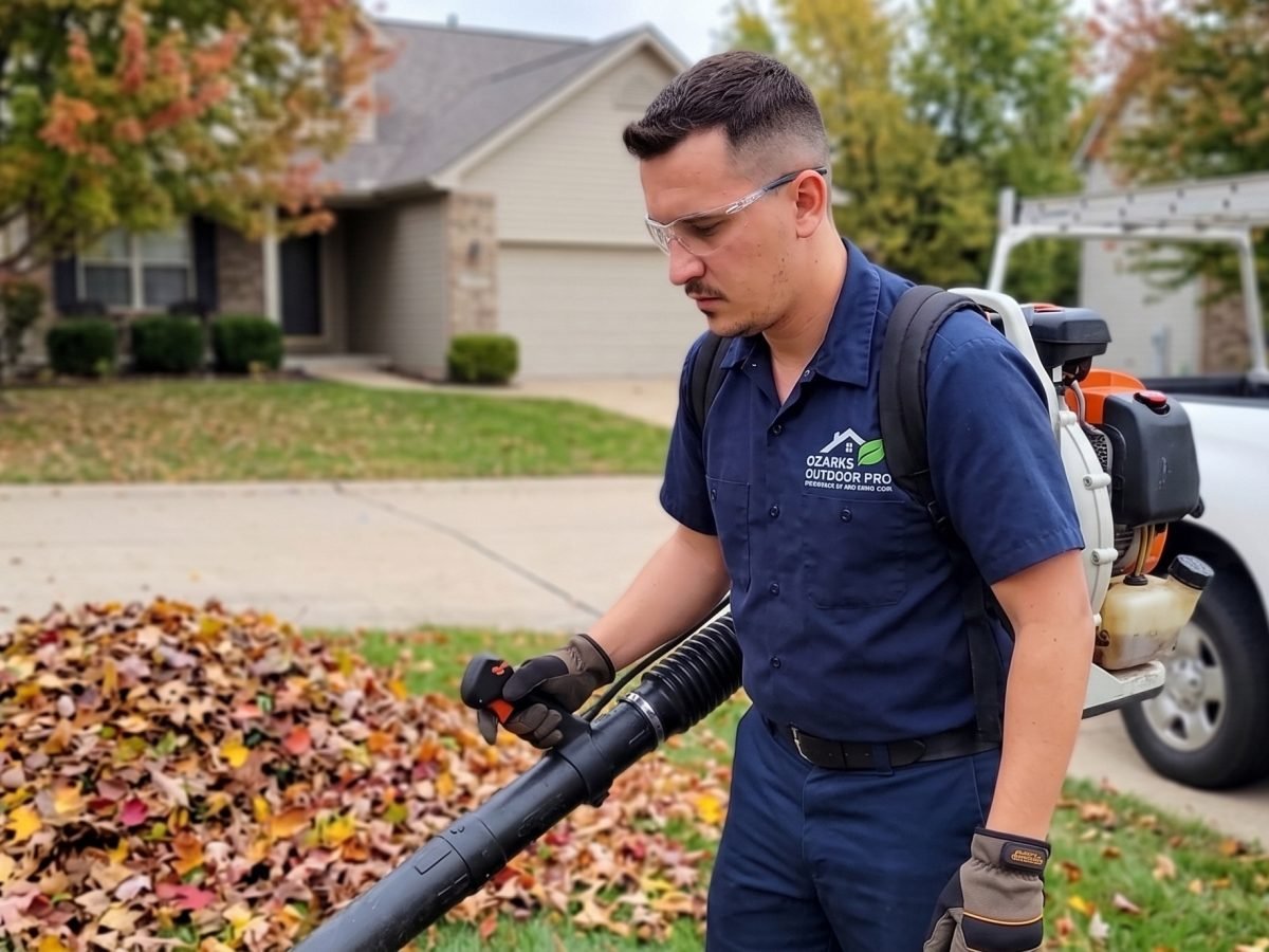 Recolección de hojas de otoño con sopladores comerciales en un jardín residencial de la región Ozarks