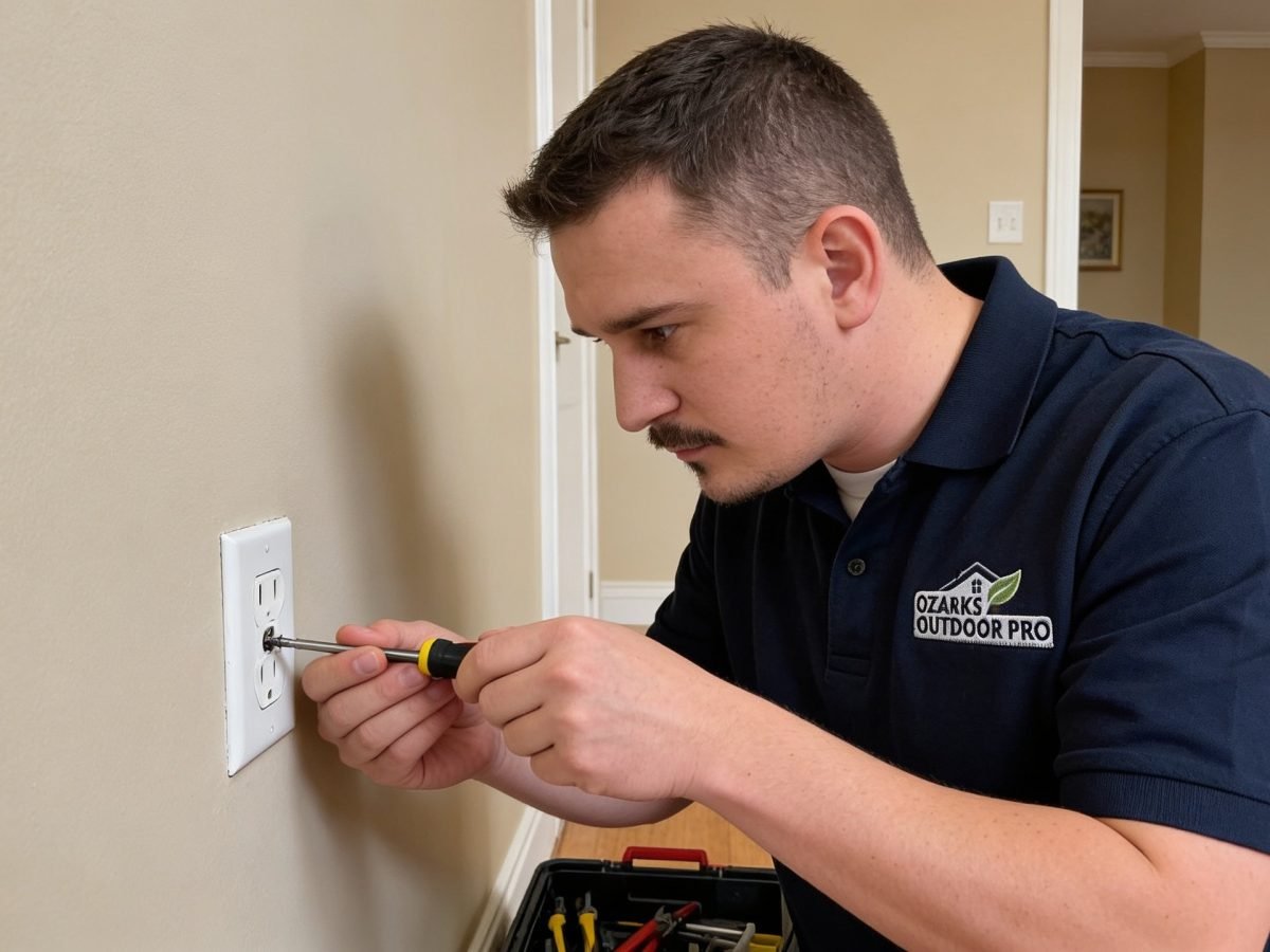 Jefe de equipo instalando una luminaria exterior en una casa unifamiliar de Springfield, MO