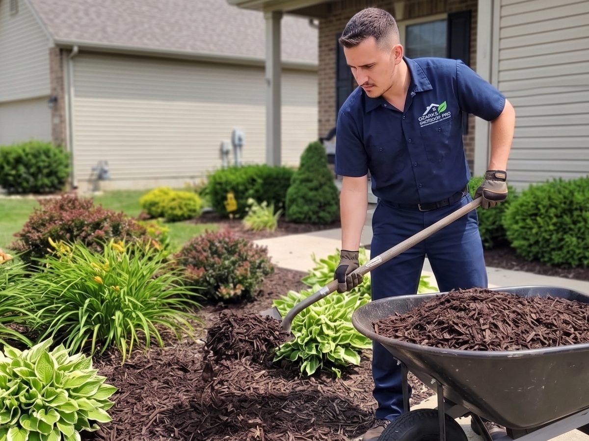Instalación de mantillo de madera dura fresca alrededor de una jardinera de cimientos en una propiedad residencial de Springfield, MO con línea de borde recién cortada