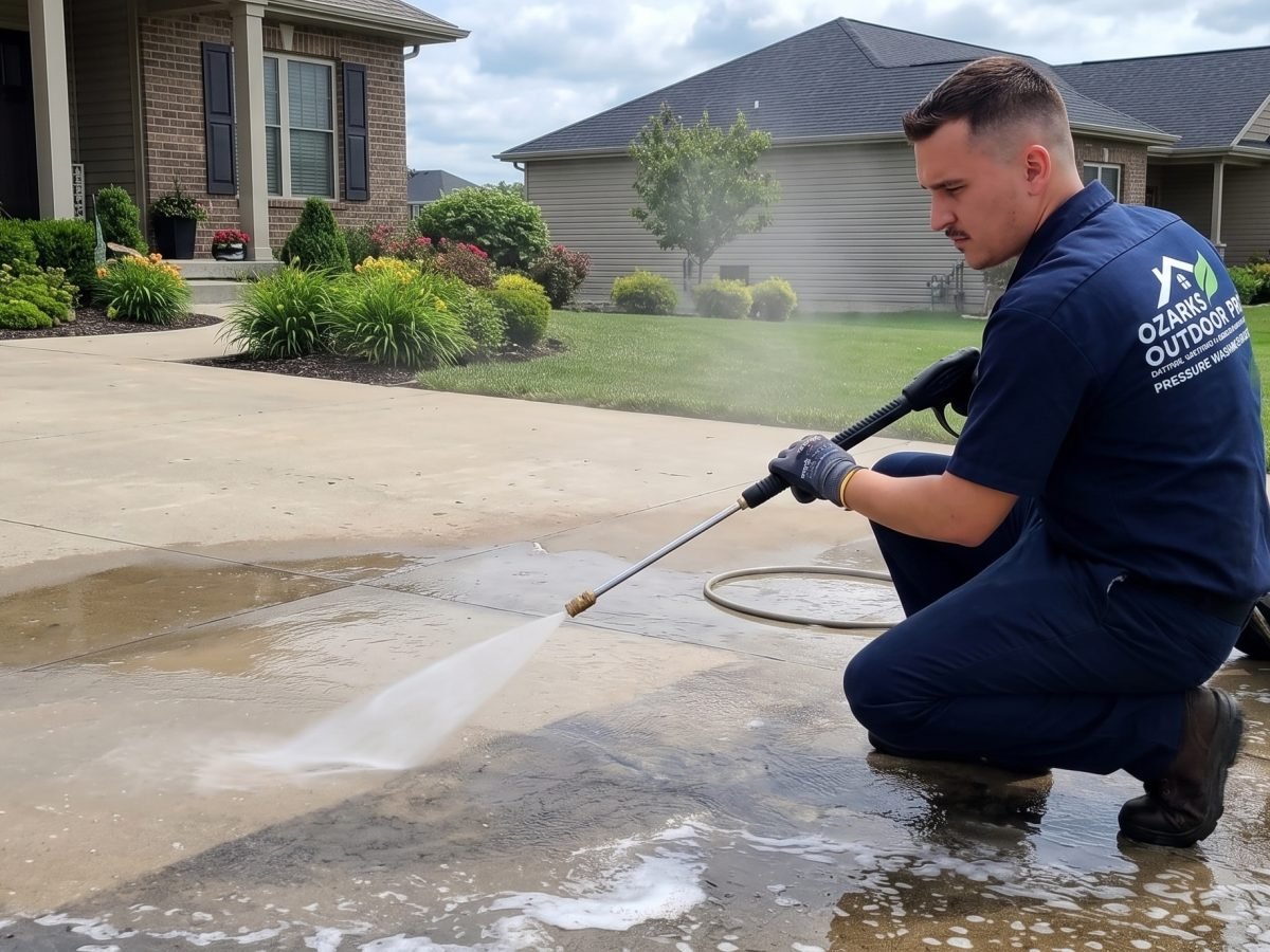Miembro del equipo de Ozarks Outdoor Pro haciendo lavado a presión en una entrada residencial de Springfield, MO con unidad comercial de agua caliente